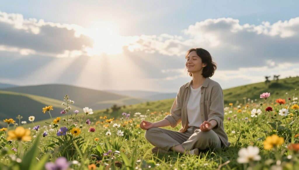 A serene and peaceful scene depicting the concept of happiness affirmations. In the foreground, a calm individual sitting cross-legged on a grassy hill, dressed in modest casual clothing, meditating with closed eyes and a gentle smile. Surrounding them are vibrant flowers and lush greenery, symbolizing positivity and growth. In the middle ground, soft rays of sunlight break through a light cloud cover, creating a warm and inviting atmosphere. The background features distant rolling hills and a soft blue sky, enhancing the sense of tranquility. The overall mood should be uplifting and inspiring, reflecting a journey towards gratitude and a positive mindset, illuminated with bright, warm colors to evoke feelings of joy and serenity.