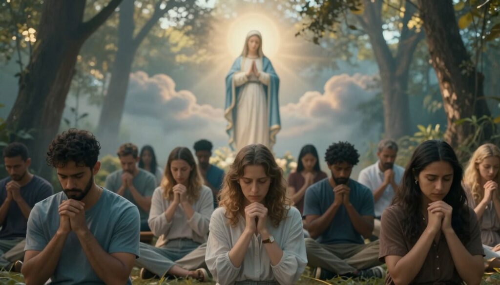 A serene and reflective scene depicting the influence of Fatima on the spirituality of contemporary Catholics. In the foreground, a diverse group of people in modest casual clothing, including men and women of various ages, can be seen in prayer, their faces showing deep contemplation. The middle ground features a tranquil setting with soft, warm lighting filtering through tall trees, creating a peaceful ambiance. In the background, an ethereal representation of the Virgin Mary, surrounded by gentle light and subtle clouds, symbolizes divine presence and guidance. The overall mood is one of devotion and introspection, with a harmonious color palette of soft blues and golds. The image is framed as if viewed through a wide-angle lens, emphasizing connection and community in faith.
