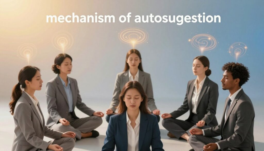 A serene and reflective scene depicting the "mechanism of autosuggestion" in shaping beliefs. In the foreground, a diverse group of three individuals in professional business attire sits in a circle, eyes closed, engaged in a meditation session. Their expressions convey calm and focus, symbolizing self-reflection and positive thinking. In the middle ground, abstract visuals of swirling, luminous energy patterns represent positive affirmations and thoughts flowing into their minds. The background features a soft, gradient light that transitions from warm gold to cool blue, creating an uplifting and tranquil atmosphere. The composition should be captured from a slightly elevated angle, with soft focus to evoke a sense of depth and introspection, conveying a powerful mood of inner transformation and growth. A serene and reflective scene depicting the "mechanism of autosuggestion" in shaping beliefs. In the foreground, a diverse group of three individuals in professional business attire sits in a circle, eyes closed, engaged in a meditation session. Their expressions convey calm and focus, symbolizing self-reflection and positive thinking. In the middle ground, abstract visuals of swirling, luminous energy patterns represent positive affirmations and thoughts flowing into their minds. The background features a soft, gradient light that transitions from warm gold to cool blue, creating an uplifting and tranquil atmosphere. The composition should be captured from a slightly elevated angle, with soft focus to evoke a sense of depth and introspection, conveying a powerful mood of inner transformation and growth.