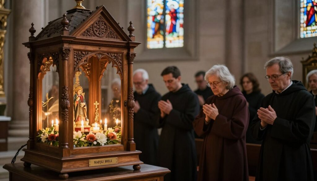 A serene and reverent setting featuring the relics of Saint Andrzej Bobola displayed in a beautifully adorned wooden reliquary. In the foreground, the reliquary is intricately carved, showcasing delicate floral patterns and religious symbols. Soft, warm candlelight illuminates the glass, creating a gentle glow around the relics, which are surrounded by fresh flowers symbolizing devotion. In the middle ground, a group of modestly dressed devotees is shown in prayer, their faces reflecting deep spiritual connection and hope. The background features a softly blurred view of a historic church interior, with stained glass windows casting colorful light onto the stone walls, evoking a sense of sacredness and tranquility. The atmosphere is peaceful, inviting contemplation and reverence. A serene and reverent setting featuring the relics of Saint Andrzej Bobola displayed in a beautifully adorned wooden reliquary. In the foreground, the reliquary is intricately carved, showcasing delicate floral patterns and religious symbols. Soft, warm candlelight illuminates the glass, creating a gentle glow around the relics, which are surrounded by fresh flowers symbolizing devotion. In the middle ground, a group of modestly dressed devotees is shown in prayer, their faces reflecting deep spiritual connection and hope. The background features a softly blurred view of a historic church interior, with stained glass windows casting colorful light onto the stone walls, evoking a sense of sacredness and tranquility. The atmosphere is peaceful, inviting contemplation and reverence.
