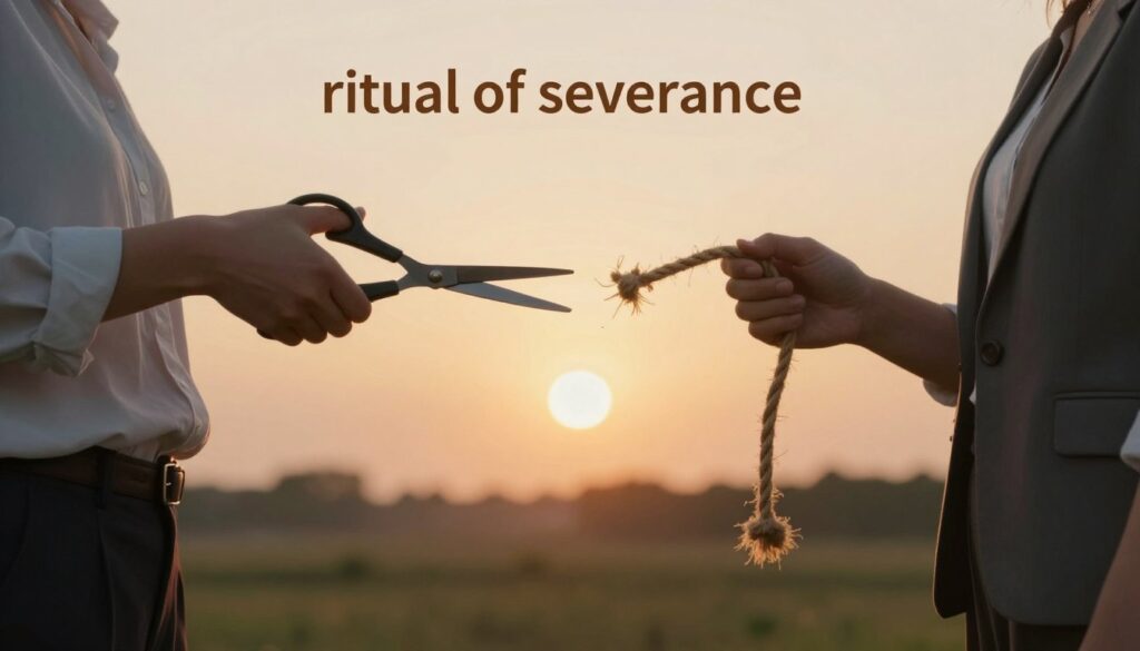 A serene and symbolic scene illustrating the concept of "ritual of severance." In the foreground, a person dressed in modest, professional attire stands with hands raised, holding a pair of scissors resembling a symbolic tool for cutting ties. The middle ground features a frayed rope, representing a toxic relationship, gently falling apart as the scissors approach. In the background, the setting sun casts a warm, golden light over a tranquil landscape, creating an atmosphere of closure and new beginnings. Soft, diffused lighting enhances the sense of calm, while the overall mood feels hopeful and reflective. The composition is balanced, with the focus on the act of liberation, capturing a moment of empowerment and release.