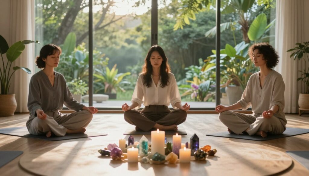 A serene and tranquil workspace setting, featuring a circular table at the foreground with colorful crystals and candles arranged artistically. Soft, ambient lighting casts gentle shadows, creating a calming atmosphere. In the middle, a diverse group of three individuals—two women and one man—dressed in modest, professional attire—are engaged in a mindful meditation session. Their expressions reflect focus and serenity as they connect with their emotions and energy. In the background, large windows reveal a peaceful nature scene with lush greenery and soft sunlight filtering through, enhancing the sense of calm. The overall mood is one of harmony and balance, invoking a deep connection to emotional well-being and energy work.