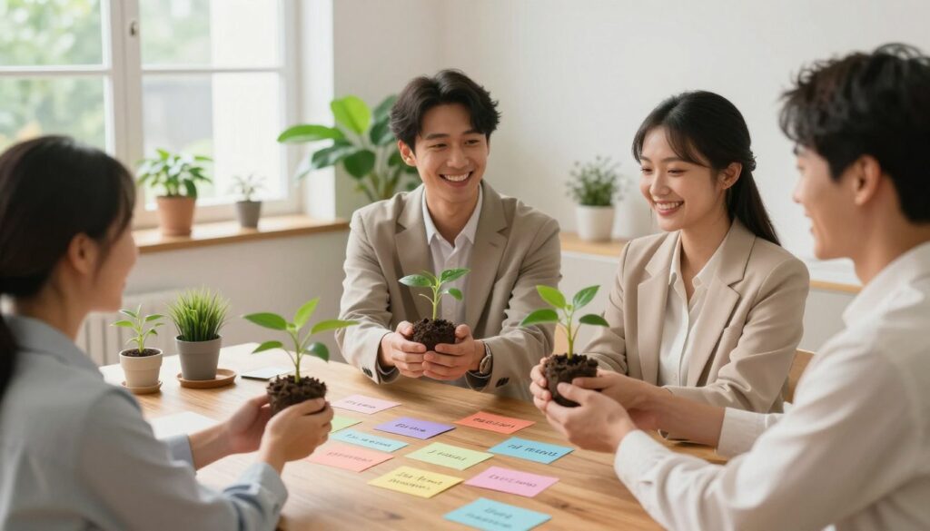 A serene and uplifting scene capturing the essence of happiness affirmation. In the foreground, a diverse group of three people, dressed in professional business attire, are joyfully exchanging gratitude, with smiles that radiate warmth. Each person holds a small plant symbolizing growth and appreciation. In the middle ground, a wooden table adorned with colorful affirmation cards featuring phrases like "I am grateful," and "Joy flows through me," subtly blended into the scene. The background reveals a bright room filled with natural light streaming through large windows, lush green plants, and a calming color palette of soft pastels, creating a peaceful atmosphere. The angle should be slightly elevated to capture both the subjects and the inspiring environment, evoking a feeling of positivity and connection.