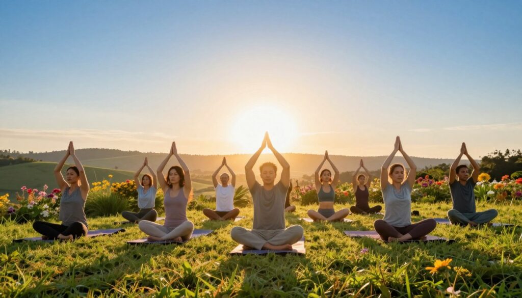 A serene and uplifting scene depicting the concept of health affirmations, focusing on a radiant sunrise over a tranquil landscape. In the foreground, a diverse group of individuals in modest, casual clothing practice mindfulness and yoga on a grassy hilltop, their faces reflecting determination and positivity. The middle ground features vibrant flowers and lush greenery, symbolizing vitality and growth. In the background, gentle rolling hills under a clear blue sky, enhancing the feeling of peace and openness. Soft, warm lighting from the sunrise bathes the scene in a golden glow, creating an atmosphere of hope and motivation. The overall mood is invigorating, encouraging a sense of well-being and personal empowerment.