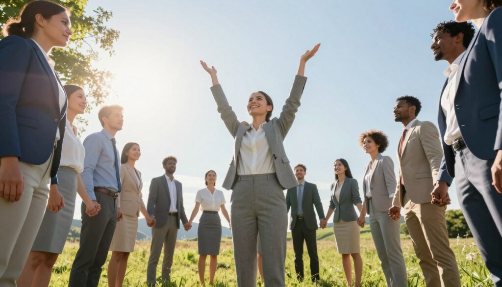 A serene and uplifting scene featuring a diverse group of individuals standing confidently in a sunlit meadow, dressed in professional business attire. In the foreground, a woman with an encouraging smile is raising her arms towards the sky, exuding positivity and self-assurance. The middle ground includes a diverse group of men and women supporting each other, holding hands to form a circle, embodying unity and strength. In the background, gentle hills and a clear blue sky enhance the sense of tranquility and inspiration. Soft, warm sunlight filters through the trees, creating a golden glow that symbolizes hope and inner strength. The mood is empowering, conveying resilience and the transformative power of affirmations. The camera angle captures the scene from a dynamic perspective, emphasizing the group's connection and support for one another. A serene and uplifting scene featuring a diverse group of individuals standing confidently in a sunlit meadow, dressed in professional business attire. In the foreground, a woman with an encouraging smile is raising her arms towards the sky, exuding positivity and self-assurance. The middle ground includes a diverse group of men and women supporting each other, holding hands to form a circle, embodying unity and strength. In the background, gentle hills and a clear blue sky enhance the sense of tranquility and inspiration. Soft, warm sunlight filters through the trees, creating a golden glow that symbolizes hope and inner strength. The mood is empowering, conveying resilience and the transformative power of affirmations. The camera angle captures the scene from a dynamic perspective, emphasizing the group's connection and support for one another.