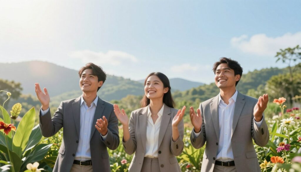 A serene and uplifting scene showcasing the concept of health and energy affirmations. In the foreground, a diverse group of three individuals, dressed in professional business attire, stand confidently, expressing positivity with open smiles and uplifting gestures. In the middle ground, vibrant green plants and flowers symbolize vitality and growth, while soft rays of sunlight filter through, casting warm highlights on their faces. The background features a calming natural landscape, including gentle hills and a clear blue sky, creating a peaceful atmosphere. The overall mood is rejuvenating and inspirational, emphasizing well-being and positive energy without any text or distractions. The image is bright and inviting, shot with a wide-angle lens to capture the expansive beauty and connection to nature. A serene and uplifting scene showcasing the concept of health and energy affirmations. In the foreground, a diverse group of three individuals, dressed in professional business attire, stand confidently, expressing positivity with open smiles and uplifting gestures. In the middle ground, vibrant green plants and flowers symbolize vitality and growth, while soft rays of sunlight filter through, casting warm highlights on their faces. The background features a calming natural landscape, including gentle hills and a clear blue sky, creating a peaceful atmosphere. The overall mood is rejuvenating and inspirational, emphasizing well-being and positive energy without any text or distractions. The image is bright and inviting, shot with a wide-angle lens to capture the expansive beauty and connection to nature.