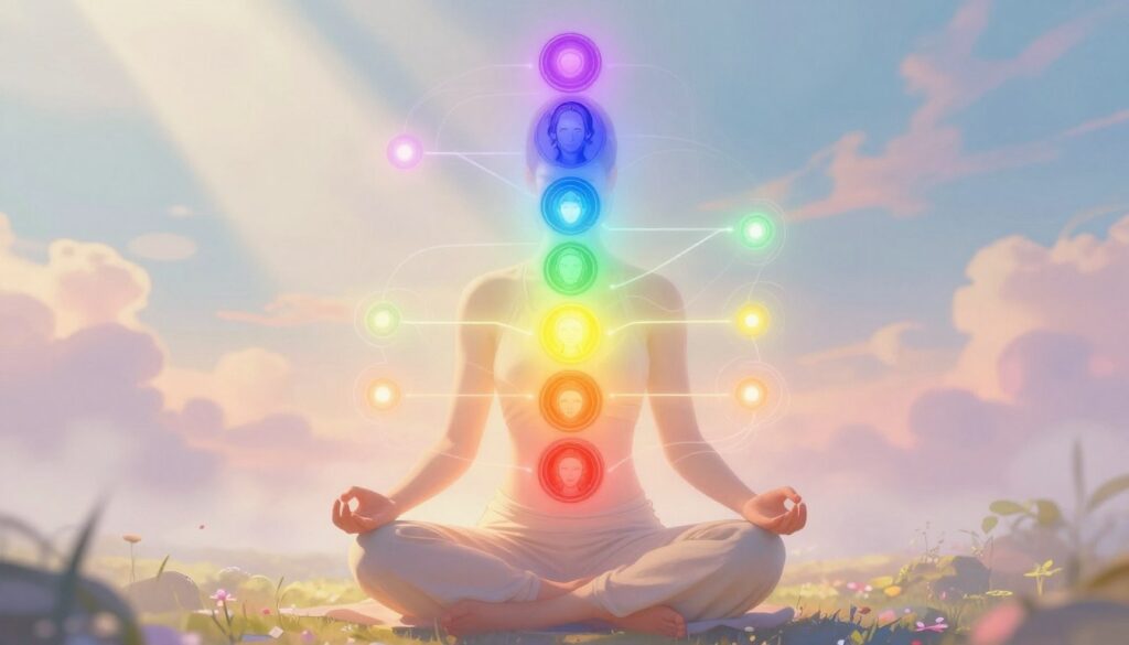 A serene and vibrant depiction of the energy centers in the human body, visually illustrating chakras aligned along the spine. In the foreground, a meditating figure, dressed in modest yoga attire, radiates a soft glow, embodying tranquility and balance. The middle layer features swirling energy lines connecting the chakras, with each center represented by a distinct color: red for the root, orange for the sacral, yellow for the solar plexus, green for the heart, blue for the throat, indigo for the third eye, and violet for the crown. The background is an ethereal landscape with soft pastel hues and light beams filtering through mist, creating a calming, spiritual atmosphere. The overall lighting is soft and harmonious, enhancing the sense of peace and enlightenment.
