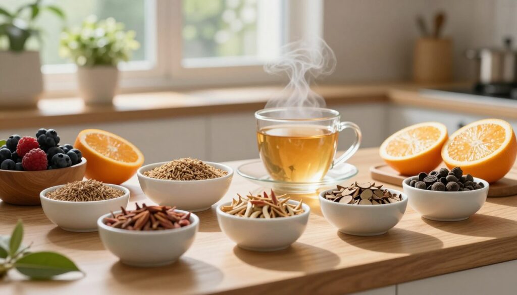 A serene and vibrant kitchen scene focused on a wooden table laden with various adaptogenic herbs and healthy foods. In the foreground, there are neatly arranged bowls of ashwagandha, rhodiola, and maca, alongside colorful fruits like berries and citrus. The middle ground features a glass of herbal tea steaming gently, highlighting a holistic approach to wellness. In the background, a sunlit window reveals green plants, creating a refreshing atmosphere. Soft, natural light filters through, casting gentle shadows and illuminating the textures of the ingredients. The overall mood is calm and inviting, emphasizing a nurturing and health-focused environment, ideal for supporting the body through diet and adaptogens.