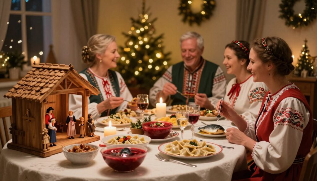 A serene and warm scene depicting a traditional Polish Christmas Eve (Wigilia) celebration. In the foreground, a beautifully set table adorned with a white tablecloth, candles, and a variety of traditional dishes such as borscht, fish, and pierogi. An ornate, handcrafted wooden nativity scene is on display. In the middle ground, a family in modest and festive clothing, joyfully sharing food and laughter, captures the essence of togetherness. The background features a softly lit room with cozy decorations, including evergreen branches and wisps of golden light illuminating the space, creating a magical atmosphere. The overall mood is one of warmth, tradition, and the enchantment of holiday customs, evoking the belief in the magic of Christmas Eve. A serene and warm scene depicting a traditional Polish Christmas Eve (Wigilia) celebration. In the foreground, a beautifully set table adorned with a white tablecloth, candles, and a variety of traditional dishes such as borscht, fish, and pierogi. An ornate, handcrafted wooden nativity scene is on display. In the middle ground, a family in modest and festive clothing, joyfully sharing food and laughter, captures the essence of togetherness. The background features a softly lit room with cozy decorations, including evergreen branches and wisps of golden light illuminating the space, creating a magical atmosphere. The overall mood is one of warmth, tradition, and the enchantment of holiday customs, evoking the belief in the magic of Christmas Eve.