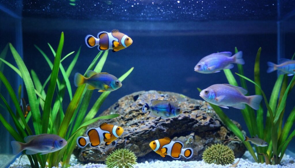 A serene aquarium filled with vibrant, tropical fish swimming gracefully through crystal-clear water. In the foreground, a variety of colorful fish such as clownfish, angelfish, and guppies are seen exploring their underwater environment among lush green aquatic plants. The middle ground features smooth rocks and a gentle current, enhancing the sense of movement. In the background, soft blue lighting creates a calming atmosphere, casting delicate shadows and highlighting the textures of the fish scales. The scene conveys tranquility and harmony, symbolizing the importance of fish in dreams and their relationship with water. The image should be framed with an underwater perspective, emphasizing the intricate details of the fish and their habitat without any text or branding elements.