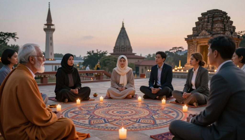 A serene, balanced composition illustrating religious and spiritual interpretations from various traditions. In the foreground, a diverse group of individuals in professional attire, representing different faiths—an elderly man in traditional robes, a woman in a headscarf, and a person in business casual—engaged in thoughtful discussion. The middle ground features a beautifully intricate mandala design, symbolizing unity, surrounded by soft glowing candles to evoke a sense of calm and contemplation. The background showcases a blend of sacred architectural elements like a steeple, a temple, and an ancient stone structure, under a twilight sky illuminated by gentle, warm light. The atmosphere is reflective and respectful, inviting viewers to ponder the connection between belief systems and human thought. A serene, balanced composition illustrating religious and spiritual interpretations from various traditions. In the foreground, a diverse group of individuals in professional attire, representing different faiths—an elderly man in traditional robes, a woman in a headscarf, and a person in business casual—engaged in thoughtful discussion. The middle ground features a beautifully intricate mandala design, symbolizing unity, surrounded by soft glowing candles to evoke a sense of calm and contemplation. The background showcases a blend of sacred architectural elements like a steeple, a temple, and an ancient stone structure, under a twilight sky illuminated by gentle, warm light. The atmosphere is reflective and respectful, inviting viewers to ponder the connection between belief systems and human thought.