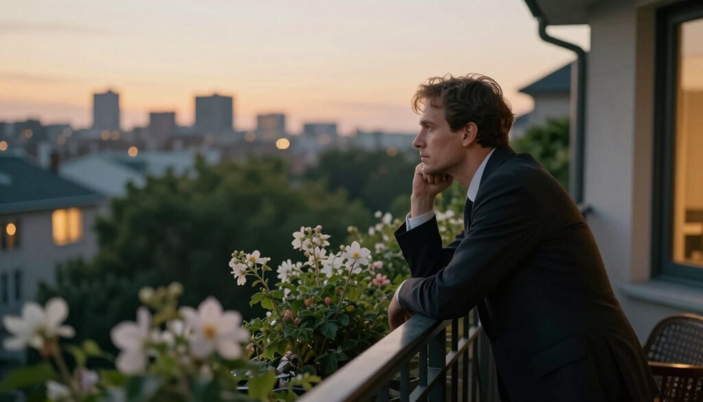 A serene balcony setting inspired by Freudian psychological themes. In the foreground, a contemplative figure in professional attire, gazing thoughtfully over the balcony railing, symbolizing introspection. The middle ground features lush greenery and delicately blooming flowers, creating a sense of tranquility and connection to nature. In the background, a subtle city skyline at dusk, with warm golden light illuminating the windows, adds depth. The lighting is soft and diffused, casting gentle shadows that evoke a reflective mood. The overall atmosphere is one of psychological exploration, inviting the viewer to ponder the significance of height, balance, and perspective, mirroring Freudian concepts of the mind.