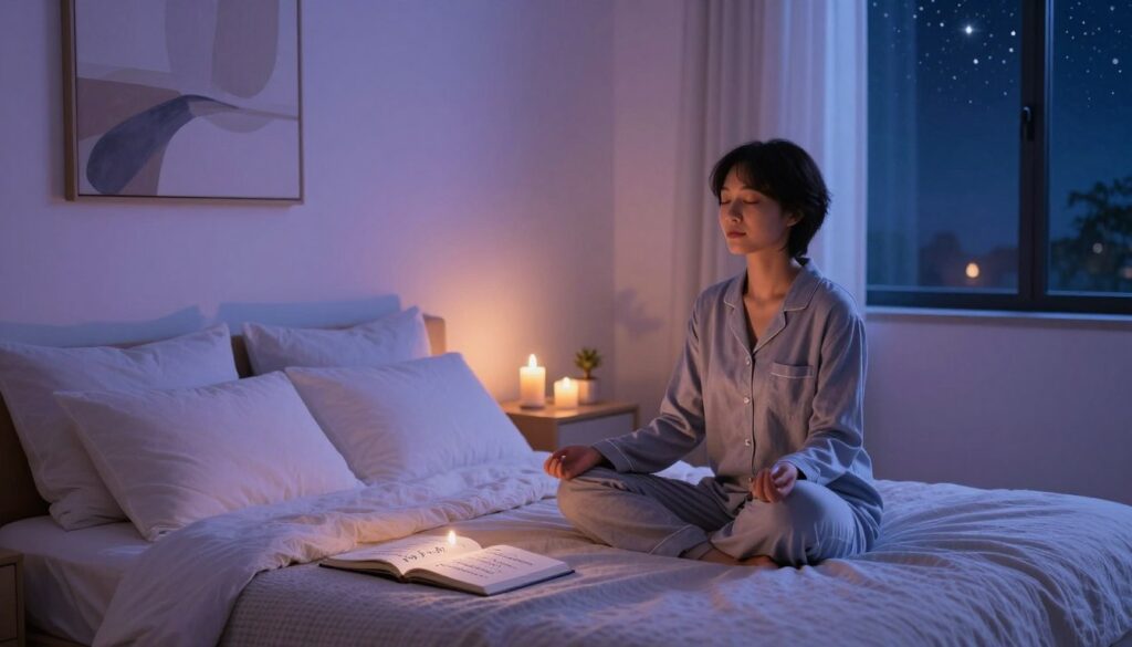 A serene bedroom scene at twilight, illuminated by soft, warm candlelight. In the foreground, a cozy bed with plump pillows and a light, textured blanket, creating an inviting space for relaxation. A person of Asian descent, dressed in comfortable pajama attire, sits cross-legged on the bed with closed eyes, engaging in a calming breathing exercise. Gentle colors of lavender and soft blue dominate the walls, with a delicate abstract painting nearby reflecting the theme of tranquility. In the middle ground, a small table holds a journal open to a page with handwritten affirmations. In the background, a peaceful window reveals a starry night sky. The overall atmosphere is one of mindfulness, calmness, and introspection, encouraging a sense of peace before sleep.