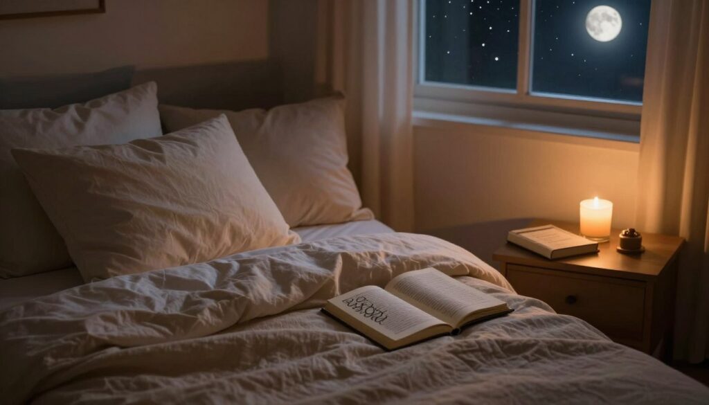 A serene bedroom setting at night, softly illuminated by warm, gentle lighting that casts a calming glow. In the foreground, a cozy, neatly-made bed with fluffy pillows and a soft, inviting blanket invites relaxation. A bedside table holds a beautifully designed journal and a lit candle, symbolizing the practice of night-time affirmations. In the background, a window reveals a starlit sky with a hint of a full moon visible. The atmosphere is tranquil and introspective, evoking a sense of peace and intention as the day comes to a close. The composition is framed using a slightly overhead angle to capture the coziness of the scene, emphasizing a peaceful space for reflection and positive thoughts before sleep.