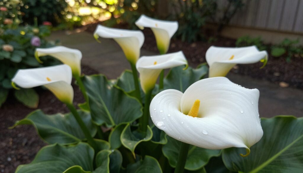 A serene botanical composition featuring a vibrant white calla lily in the foreground, showcasing its elegant, trumpet-shaped flower and lush green leaves. The petals are glistening with morning dew, illuminating their smooth texture. In the middle ground, a small cluster of calla lilies is arranged naturally, emphasizing their beauty and slight variations in color. In the background, a softly blurred garden scene with hints of greenery and dappled sunlight filtering through leaves creates a tranquil atmosphere. The lighting is soft and warm, evoking a peaceful, nature-inspired mood. The angle captures the flowers at eye level, drawing attention to their delicate structure, while also highlighting the overall elegance and potential toxicity of the plant in a safe and respectful manner. A serene botanical composition featuring a vibrant white calla lily in the foreground, showcasing its elegant, trumpet-shaped flower and lush green leaves. The petals are glistening with morning dew, illuminating their smooth texture. In the middle ground, a small cluster of calla lilies is arranged naturally, emphasizing their beauty and slight variations in color. In the background, a softly blurred garden scene with hints of greenery and dappled sunlight filtering through leaves creates a tranquil atmosphere. The lighting is soft and warm, evoking a peaceful, nature-inspired mood. The angle captures the flowers at eye level, drawing attention to their delicate structure, while also highlighting the overall elegance and potential toxicity of the plant in a safe and respectful manner.