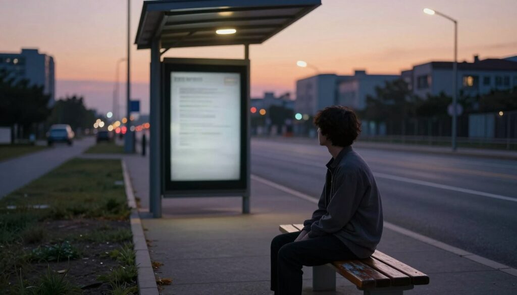 A serene bus stop scene at dusk, focusing on a young adult in modest casual clothing, waiting patiently on a weathered wooden bench. In the foreground, the person gazes thoughtfully at the empty road ahead, surrounded by a soft glow from the fading daylight. In the middle ground, a bus shelter with frosted glass panels stands, slightly illuminated by a nearby streetlamp casting a warm light. The background features a blurred cityscape with tall buildings fading into twilight, adding depth to the scene. Emphasize the stillness and contemplative atmosphere, with soft shadows and a gentle gradient of orange and purple in the sky. Capture a sense of suspension and anticipation, evoking the feeling of waiting and the passage of time.