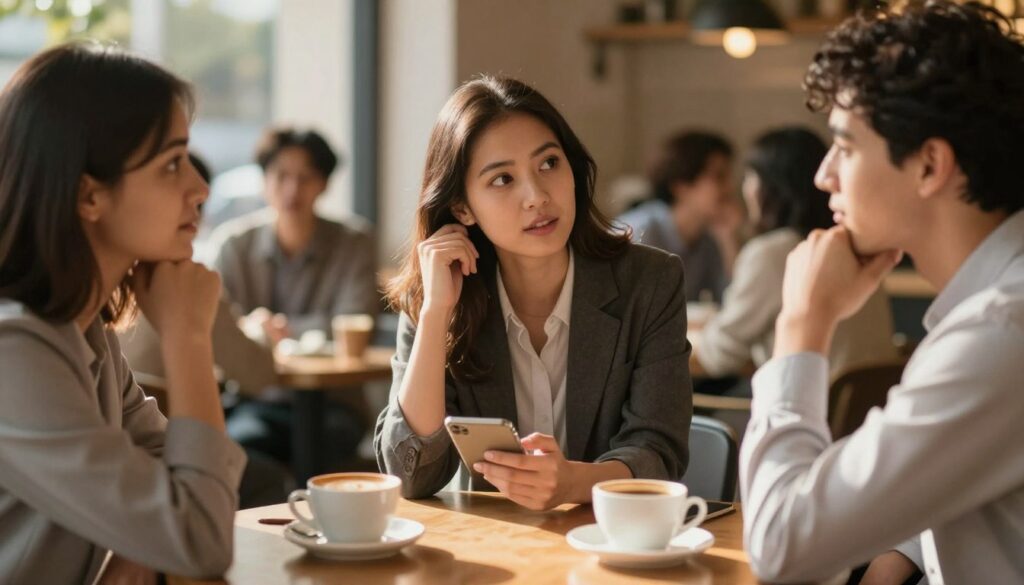 A serene cafe setting featuring a group of diverse professionals engaged in conversation, with one person looking curious and contemplating. In the foreground, a coffee cup rests on a table, reflecting warm sunlight. In the middle, three individuals are animatedly discussing while glancing towards the viewer, suggesting intrigue about who might be talking about them. In the background, soft-focus images of people in the cafe add depth, with hints of laughter and whispers. The lighting is warm and inviting, capturing the essence of a cozy atmosphere. The mood is mysterious yet friendly, evoking a sense of curiosity about social dynamics. Shot at eye level with a shallow depth of field to emphasize the main subjects. A serene cafe setting featuring a group of diverse professionals engaged in conversation, with one person looking curious and contemplating. In the foreground, a coffee cup rests on a table, reflecting warm sunlight. In the middle, three individuals are animatedly discussing while glancing towards the viewer, suggesting intrigue about who might be talking about them. In the background, soft-focus images of people in the cafe add depth, with hints of laughter and whispers. The lighting is warm and inviting, capturing the essence of a cozy atmosphere. The mood is mysterious yet friendly, evoking a sense of curiosity about social dynamics. Shot at eye level with a shallow depth of field to emphasize the main subjects.