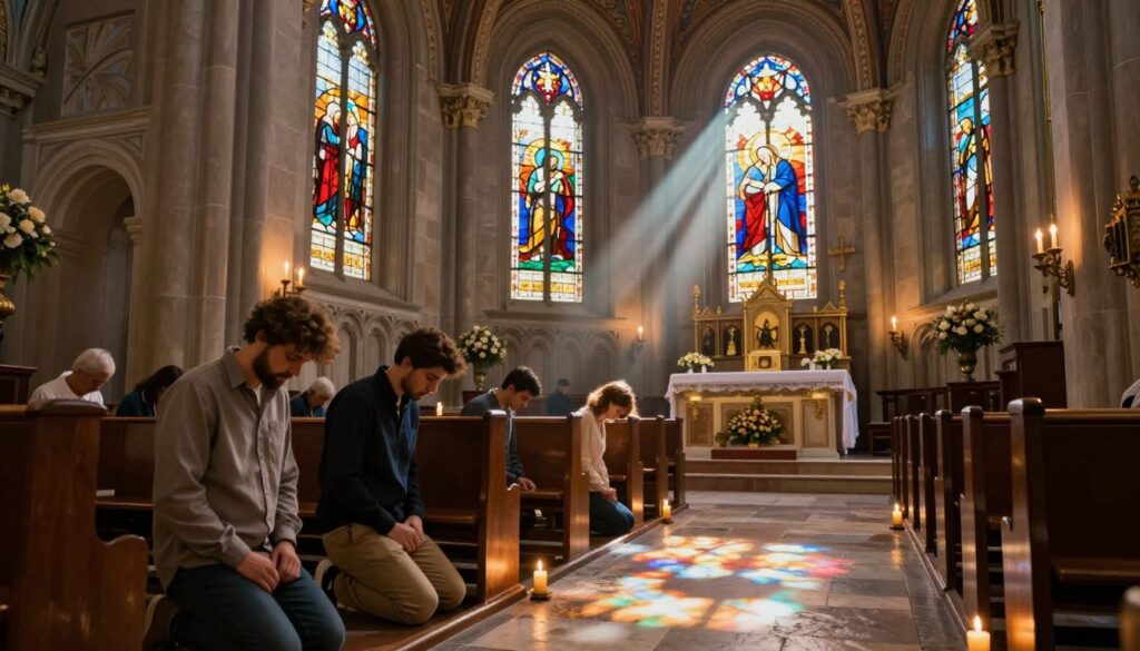 A serene church interior bathed in soft, warm candlelight. In the foreground, a group of individuals kneels, dressed in modest, casual clothing, their heads bowed in deep prayer. The middle section displays vibrant stained glass windows depicting biblical scenes, casting colorful reflections on the stone floor. Rows of wooden pews extend towards the altar, which is adorned with flowers and religious icons. The background features a beautifully painted dome, with rays of light streaming down, creating an ethereal atmosphere. The mood is contemplative and reverent, inviting viewers to connect with the spirituality of prayer and reflection within a Catholic context. The scene is captured with a slight upward angle, enhancing the majesty of the church architecture.