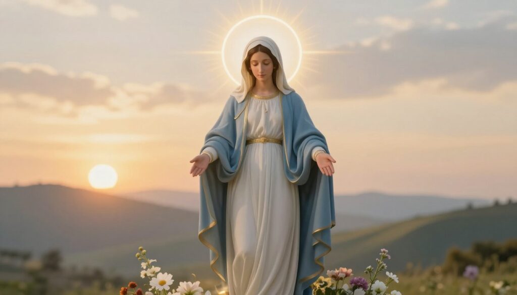 A serene depiction of "Matka Boża" (Mother of God) standing gracefully, draped in a flowing blue and white robe. Her face radiates kindness and wisdom, surrounded by soft, ethereal light, capturing an atmosphere of peace and hope. In the foreground, gentle flowers bloom at her feet, symbolizing purity and devotion. The middle layer features a radiant halo above her head, with heavenly beams illuminating her. In the background, a soft, dreamlike landscape unfolds, hinting at rolling hills under a golden sunrise, representing spiritual awakening. The image should evoke feelings of reverence and tranquility, with soft focus and a warm color palette, conveying a sense of divine presence in the context of prophecies and unexpected futures. A serene depiction of "Matka Boża" (Mother of God) standing gracefully, draped in a flowing blue and white robe. Her face radiates kindness and wisdom, surrounded by soft, ethereal light, capturing an atmosphere of peace and hope. In the foreground, gentle flowers bloom at her feet, symbolizing purity and devotion. The middle layer features a radiant halo above her head, with heavenly beams illuminating her. In the background, a soft, dreamlike landscape unfolds, hinting at rolling hills under a golden sunrise, representing spiritual awakening. The image should evoke feelings of reverence and tranquility, with soft focus and a warm color palette, conveying a sense of divine presence in the context of prophecies and unexpected futures.