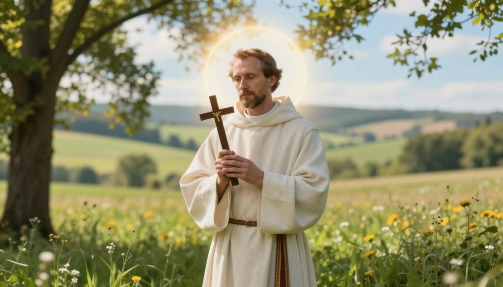 A serene depiction of St. Andrzej Bobola, a Jesuit saint, standing in a lush, vibrant meadow. In the foreground, he is dressed in traditional Jesuit robes, holding a cross with a gentle expression of contemplation. The middle ground features a soft, glowing light filtering through the trees, casting a halo-like effect around him, symbolizing his spiritual presence. The background is filled with a picturesque landscape of rolling hills and fields under a peaceful blue sky, suggesting tranquility and deep faith. The atmosphere is calm and inspirational, reflecting the essence of spiritual formation and commitment to the Jesuit order. The image is well-lit with soft, warm tones to evoke a sense of devotion and hope. A serene depiction of St. Andrzej Bobola, a Jesuit saint, standing in a lush, vibrant meadow. In the foreground, he is dressed in traditional Jesuit robes, holding a cross with a gentle expression of contemplation. The middle ground features a soft, glowing light filtering through the trees, casting a halo-like effect around him, symbolizing his spiritual presence. The background is filled with a picturesque landscape of rolling hills and fields under a peaceful blue sky, suggesting tranquility and deep faith. The atmosphere is calm and inspirational, reflecting the essence of spiritual formation and commitment to the Jesuit order. The image is well-lit with soft, warm tones to evoke a sense of devotion and hope.