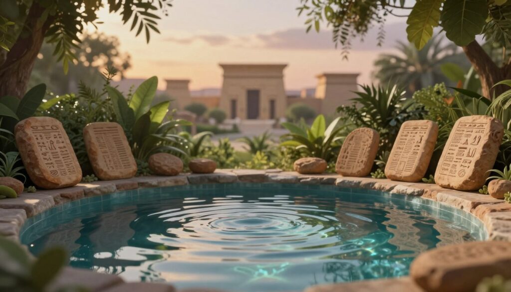A serene dream interpretation scene centered around the symbolism of water, reflecting the essence of the Babylonian dream dictionary. In the foreground, a tranquil pool of clear water with gentle ripples, surrounded by ancient clay tablets inscribed with symbols. The middle layer features lush greenery, with soft, ethereal light filtering through the leaves, creating an atmosphere of calm and mystery. In the background, faint silhouettes of ancient Mesopotamian structures under a twilight sky, enhancing the dreamlike quality. The lighting should be warm and soft, evoking a sense of introspection and wonder. Capture this moment from a medium angle, emphasizing the connection between water and the subconscious, inviting viewers to explore the depths of dream interpretation. A serene dream interpretation scene centered around the symbolism of water, reflecting the essence of the Babylonian dream dictionary. In the foreground, a tranquil pool of clear water with gentle ripples, surrounded by ancient clay tablets inscribed with symbols. The middle layer features lush greenery, with soft, ethereal light filtering through the leaves, creating an atmosphere of calm and mystery. In the background, faint silhouettes of ancient Mesopotamian structures under a twilight sky, enhancing the dreamlike quality. The lighting should be warm and soft, evoking a sense of introspection and wonder. Capture this moment from a medium angle, emphasizing the connection between water and the subconscious, inviting viewers to explore the depths of dream interpretation.