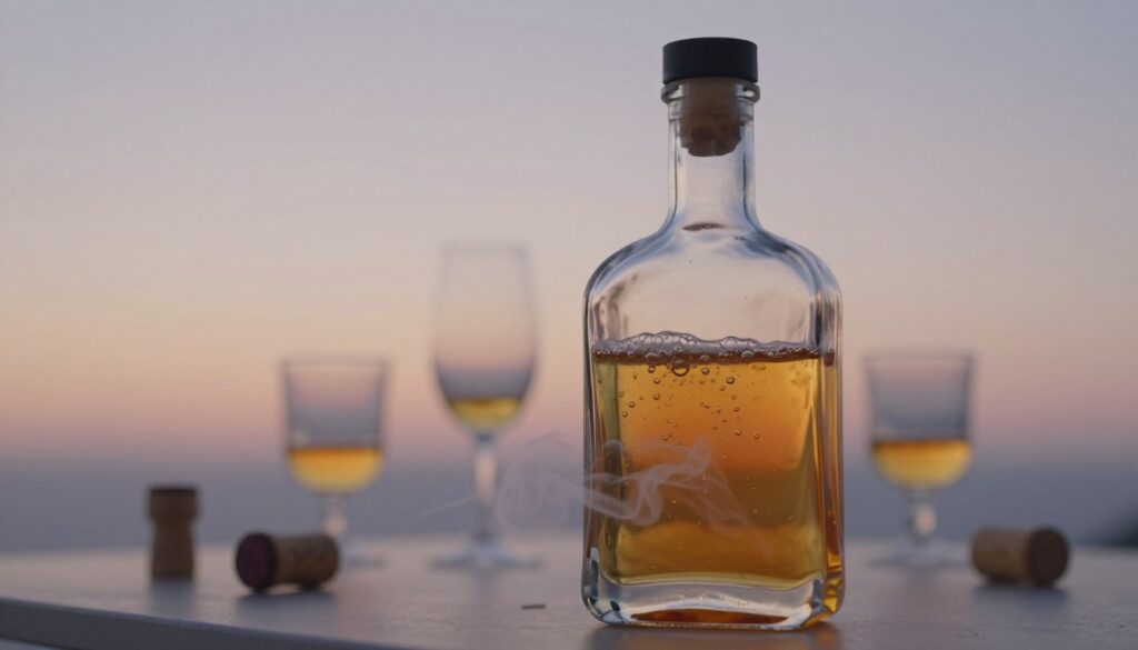 A serene dreamlike scene featuring a large, elegantly designed glass bottle of alcohol positioned prominently in the foreground, its surface reflecting soft, ambient light. The bottle is partially filled, catching glimmers of golden hues and intricate bubbles. Surrounding the bottle are subtle white wisps, representing the ethereal quality of dreams. In the middle ground, a softly blurred table with scattered corks and glasses conveys a sense of reflection and contemplation. The background is a soft gradient of pastel colors, evoking a tranquil atmosphere. Warm, diffused lighting enhances the dreamlike quality, while a shallow depth of field focuses on the bottle, inviting viewers to ponder the psychological significance of dreams related to alcohol. The overall mood is introspective and calm, suggesting a deep exploration of one's subconscious.