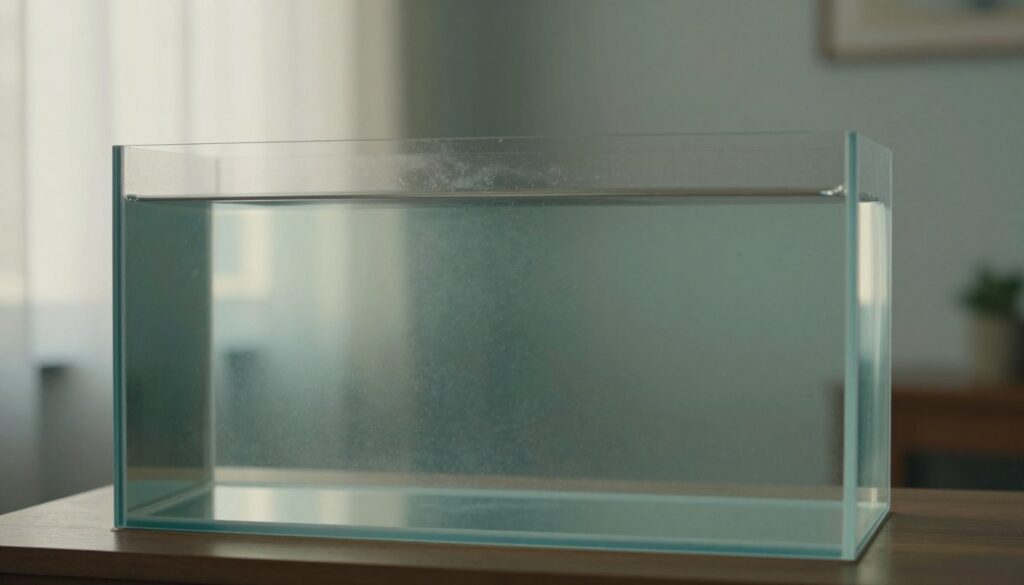 A serene, empty aquarium sits in the foreground, its glass surface reflecting soft, diffused light that creates a tranquil atmosphere. The focus is on the clean lines and smooth edges of the aquarium, which is devoid of any plants or fish, symbolizing a sense of internal emptiness. The background features a softly blurred room with gentle colors that evoke calmness, like pale blues and greens. Subtle shadows play around the edges of the aquarium, enhancing the contrast between the glass and its surroundings. The overall mood is contemplative and introspective, inviting the viewer to reflect on the significance of emptiness and its emotional implications. The lighting is natural, suggesting late afternoon, with a slight warm glow.
