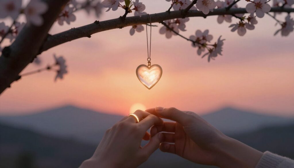 A serene, enchanting scene depicting the concept of attraction, with a focus on symbolic elements. In the foreground, a pair of elegantly designed intertwined hands, symbolizing connection and warmth, adorned with subtle, glowing rings that represent attraction. In the middle, a soft, diffused light casts a warm glow on a delicate heart-shaped pendant hanging from a tree branch, surrounded by blooming flowers, representing the beauty of love. In the background, a tranquil sunset paints the sky in hues of orange and pink, with silhouettes of distant mountains, creating an atmosphere of peace and hope. The composition is intimate and inviting, evoking a sense of desire and emotional connection, captured from a slightly elevated angle to enhance depth. The overall mood is romantic and inspiring, inviting reflection on the power of attraction in relationships. A serene, enchanting scene depicting the concept of attraction, with a focus on symbolic elements. In the foreground, a pair of elegantly designed intertwined hands, symbolizing connection and warmth, adorned with subtle, glowing rings that represent attraction. In the middle, a soft, diffused light casts a warm glow on a delicate heart-shaped pendant hanging from a tree branch, surrounded by blooming flowers, representing the beauty of love. In the background, a tranquil sunset paints the sky in hues of orange and pink, with silhouettes of distant mountains, creating an atmosphere of peace and hope. The composition is intimate and inviting, evoking a sense of desire and emotional connection, captured from a slightly elevated angle to enhance depth. The overall mood is romantic and inspiring, inviting reflection on the power of attraction in relationships.