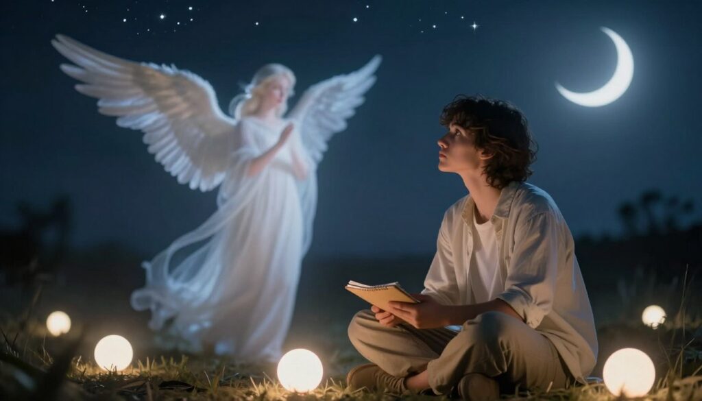 A serene, ethereal scene depicting the interpretation of dreams about angels. In the foreground, a thoughtful individual sits cross-legged, surrounded by softly glowing orbs of light, symbolizing insights from dreams. Their expression is contemplative, dressed in modest casual clothing, with a notepad in hand. In the middle ground, a soft angelic figure, fading into the light, appears to offer guidance. The background features a tranquil night sky, twinkling stars, and a crescent moon casting gentle silvery light over the scene. The atmosphere is calm and introspective, evoking a sense of spirituality and reflection. The lighting is soft and diffused, creating an otherworldly glow around the angelic figure, as if bridging the dream world and reality. A serene, ethereal scene depicting the interpretation of dreams about angels. In the foreground, a thoughtful individual sits cross-legged, surrounded by softly glowing orbs of light, symbolizing insights from dreams. Their expression is contemplative, dressed in modest casual clothing, with a notepad in hand. In the middle ground, a soft angelic figure, fading into the light, appears to offer guidance. The background features a tranquil night sky, twinkling stars, and a crescent moon casting gentle silvery light over the scene. The atmosphere is calm and introspective, evoking a sense of spirituality and reflection. The lighting is soft and diffused, creating an otherworldly glow around the angelic figure, as if bridging the dream world and reality.
