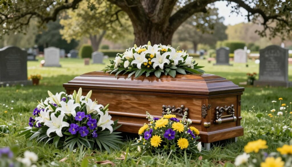A serene funeral scene highlighting the importance of flowers in burial traditions. In the foreground, a beautifully arranged bouquet of symbolic flowers, such as white lilies, purple mourning violets, and yellow chrysanthemums, representing purity, remembrance, and friendship, respectively. In the middle ground, a polished wooden casket adorned with a floral wreath sits under gentle, diffused sunlight filtering through an old, large oak tree, providing a tranquil atmosphere. The background features a soft-focus graveyard with simple headstones, surrounded by lush green grass and blooming wildflowers, creating a calm and reflective environment. The image captures a somber yet respectful mood, emphasizing the significance of flowers in funeral customs and their deeper meanings.
