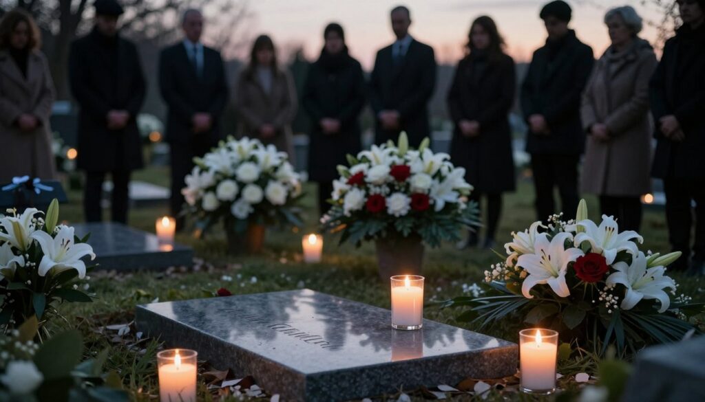 A serene graveyard scene during a funeral, focusing on scented candles (zniczy) delicately placed on a gravestone surrounded by flowers, representing significant emotional symbolism. In the foreground, the candles emit a soft glow, casting gentle reflections on the polished stone. The middle ground features a variety of floral arrangements, each with meanings pertinent to funerals, like white lilies and red roses. The background consists of a blurred silhouette of mourners dressed in modest, respectful attire, standing in quiet reverence. The lighting is soft and muted, creating a somber yet peaceful atmosphere, hinting at twilight. The scene should evoke a mood of reflection and respect, capturing the essence of sorrow and remembrance.