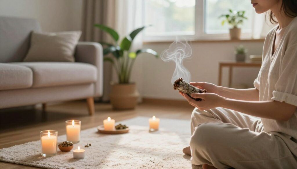 A serene home cleansing ritual in an inviting living room setting. In the foreground, a meditative figure dressed in modest casual clothing, calmly holding a sage bundle, creating an air of tranquility. Surrounding them are delicate, hand-crafted candles casting a warm, flickering glow. The middle space features a cozy rug and potted plants, enhancing the sense of peace. In the background, a window lets in soft, natural light, illuminating the fresh, clean air flowing through. Gentle rays accentuate the ethereal atmosphere, emphasizing clarity and calm. The composition should evoke feelings of serenity and harmony, inviting viewers into a space ready for spiritual cleansing.