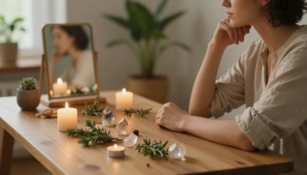 A serene indoor setting bathed in soft, golden light, showcasing a wooden table adorned with symbolic elements for the "ritual of severance." In the foreground, delicate candles flicker, surrounded by fresh herbs and crystals arranged intentionally. A figure, dressed in modest casual clothing, sits contemplatively at the table, their expression reflective and focused. In the middle ground, a small mirror reflects the scene, symbolizing self-examination and closure. The background features a gentle, blurred arrangement of houseplants, creating a natural, calming atmosphere. The overall mood is one of tranquility and empowerment, inviting the viewer to ponder the healing process of letting go of toxic relationships. The angle captures the essence of introspection, emphasizing the ritualistic preparation.
