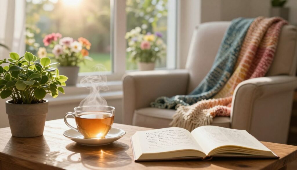 A serene indoor setting featuring a cozy reading nook, illuminated by soft, warm lighting. In the foreground, a beautifully arranged wooden table displays a steaming cup of herbal tea, an open journal filled with positive affirmations, and a lush potted plant. The middle ground includes a comfortable armchair, draped with a colorful, textured blanket, inviting relaxation and mindfulness. In the background, a large window reveals a sunny garden, with flowers in full bloom, symbolizing growth and joy in daily life. The overall atmosphere is uplifting and peaceful, capturing the essence of celebrating everyday moments through life-affirming messages. Use soft focus to enhance the serene mood, with a slight lens flare from the sunlight streaming through the window.