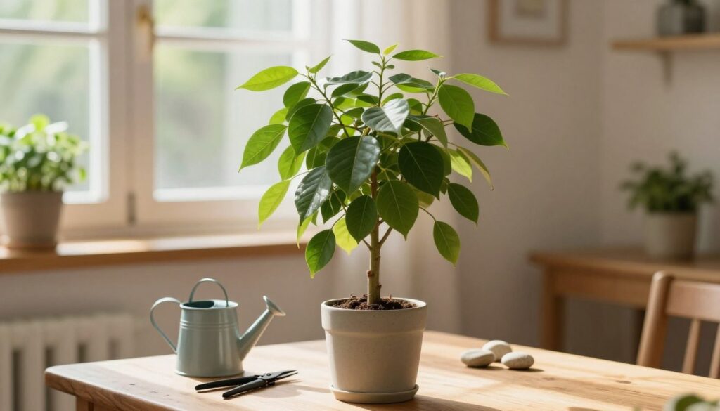 A serene indoor setting featuring a lush "drzewko szczęścia" (money tree) as the focal point. The foreground shows the vibrant green leaves and sturdy trunk of the tree placed on a wooden table. In the middle background, gently diffused sunlight streams through a window, illuminating the plant and creating a warm, inviting atmosphere. A small watering can and a pair of pruning shears rest nearby, suggesting attentive care. Soft, natural elements like potted herbs and decorative stones surround the tree, enhancing the peaceful ambiance. A cozy room in soft earth tones provides a tranquil backdrop, with subtle textures on the walls and a hint of greenery outside the window. The overall mood conveys comfort and nurturing care for the lucky tree. A serene indoor setting featuring a lush "drzewko szczęścia" (money tree) as the focal point. The foreground shows the vibrant green leaves and sturdy trunk of the tree placed on a wooden table. In the middle background, gently diffused sunlight streams through a window, illuminating the plant and creating a warm, inviting atmosphere. A small watering can and a pair of pruning shears rest nearby, suggesting attentive care. Soft, natural elements like potted herbs and decorative stones surround the tree, enhancing the peaceful ambiance. A cozy room in soft earth tones provides a tranquil backdrop, with subtle textures on the walls and a hint of greenery outside the window. The overall mood conveys comfort and nurturing care for the lucky tree.