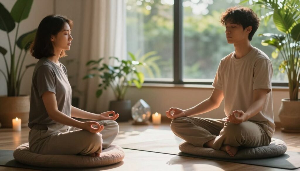 A serene indoor setting where a professional-looking individual in modest casual clothing is meditating in a deep state of relaxation. The foreground features a cozy meditation cushion in soft colors, with a subtle glow of warm light highlighting the person's serene face, reflecting tranquility and focus. In the middle, there is a softly lit room adorned with plants, crystals, and candles, creating an inviting atmosphere that promotes calmness. The background showcases a large window with gentle sunlight streaming in, casting soft shadows, and a view of lush greenery outside. The overall mood is harmonious and peaceful, emphasizing the concept of inner affirmation and subconscious influence. A soft bokeh effect enhances the feeling of depth and serenity.