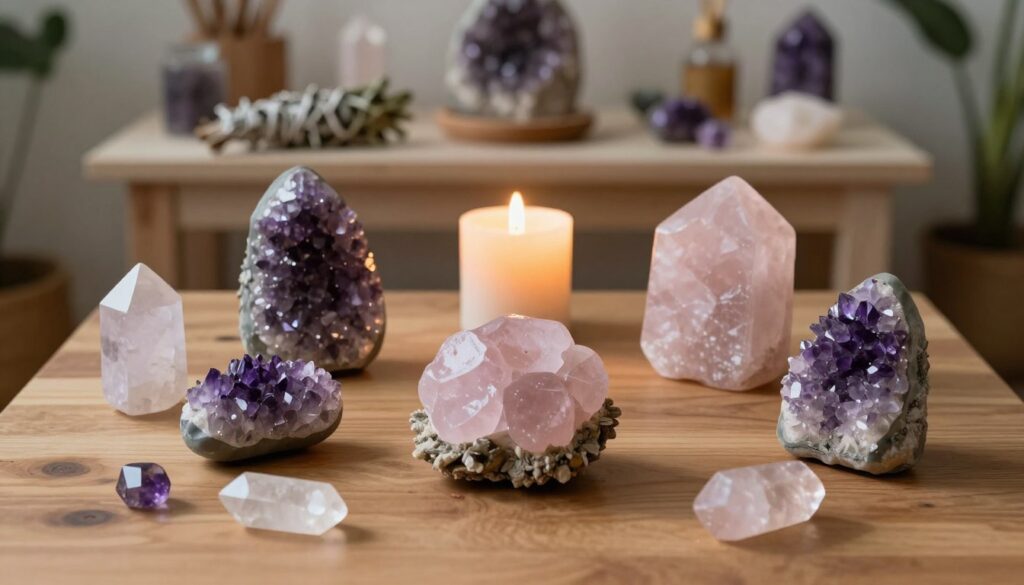 A serene indoor space bathed in soft, ethereal lighting, where a central arrangement of healing minerals like amethyst, rose quartz, and selenite are artfully displayed on a wooden table. In the foreground, delicate crystals are scattered, radiating a calming energy. The middle section features a gently flickering candle, casting warm shadows that enhance the tranquil atmosphere. In the background, a peaceful altar adorned with natural elements like sage, flowers, and crystals signifies a space dedicated to spiritual cleansing and release. The overall mood conveys serenity and empowerment, inviting viewers to reflect on the healing properties of minerals in shedding the burdens of the past. Capture the scene from a slightly elevated angle, focusing on the interplay of light and texture.