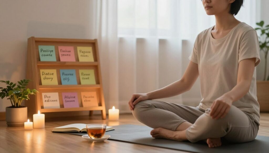 A serene indoor space dedicated to the practice of positive affirmations. In the foreground, a person seated cross-legged on a yoga mat, dressed in comfortable, modest clothing, with a focused and peaceful expression, eyes gently closed. Surrounding them are soft, ambient candles casting warm light, alongside a small indoor plant for a touch of nature. In the middle ground, a wooden shelf displays affirmations written on colorful notecards, and a journal opened beside a cup of herbal tea. The background includes a soft, blurred window with light filtering through sheer curtains, evoking a calming atmosphere. The overall mood is one of tranquility and introspection, emphasizing the importance of routine in mental conditioning. Use a slightly warm light to enhance the comforting ambiance, shot from a low angle to create depth.