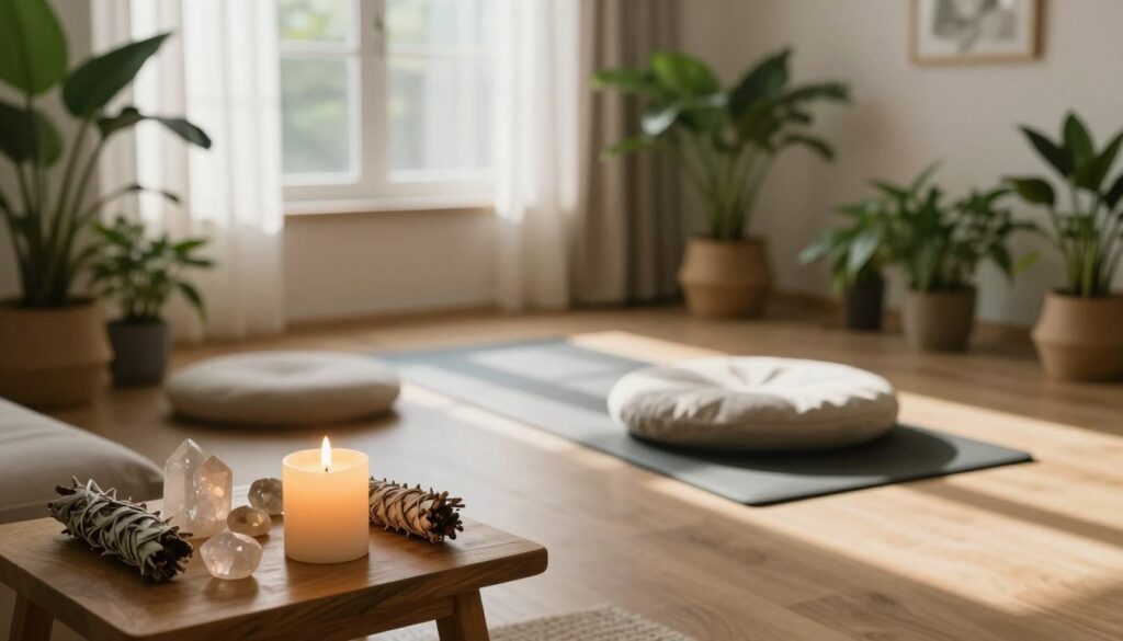 A serene interior space prepared for a cleansing ritual, emphasizing tranquility and intention. In the foreground, a softly glowing candle sits on a small wooden table adorned with crystals and sage bundles. The middle section features an inviting area with a neatly arranged meditation mat and a comfortable cushion, surrounded by lush green plants that bring a sense of nature indoors. In the background, a large window reveals gentle sunlight filtering through sheer curtains, casting soft shadows across the room. The atmosphere is calm and peaceful, evoking feelings of purification and mindfulness. Use warm, soft lighting to enhance the soothing mood, captured from a slightly elevated angle to showcase the entire space harmoniously.