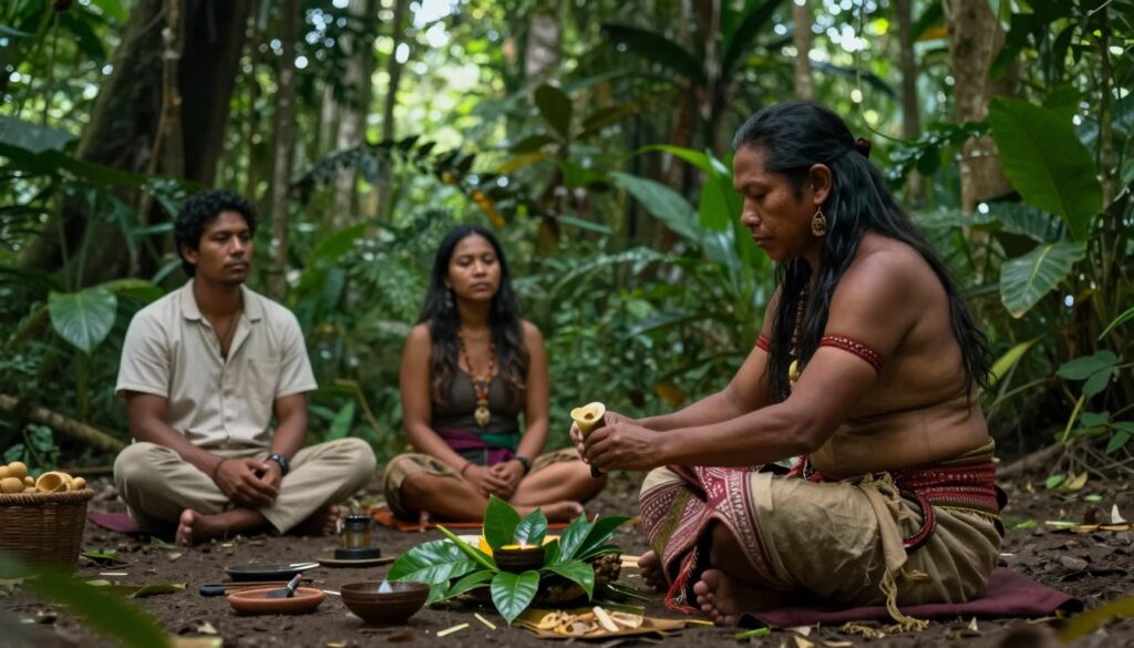 A serene jungle setting illuminated by soft, dappled sunlight filtering through the dense canopy overhead. In the foreground, a prominent focal point is a tribal healer, dressed in traditional attire, preparing for a kambo ritual. The healer sits cross-legged beside a small, natural altar adorned with leaves and ritual tools. In the middle ground, two individuals, a man and a woman, sit attentively, dressed in modest casual clothing, with expressions of focus and respect, as they participate in the ceremony. The background features lush green foliage, creating a calming yet mystical atmosphere. The overall color palette consists of deep greens and earthy tones, enhancing the spiritual essence of the kambo practice. The image captures a moment of connection with nature, emphasizing the ritual's significance and cultural roots. A serene jungle setting illuminated by soft, dappled sunlight filtering through the dense canopy overhead. In the foreground, a prominent focal point is a tribal healer, dressed in traditional attire, preparing for a kambo ritual. The healer sits cross-legged beside a small, natural altar adorned with leaves and ritual tools. In the middle ground, two individuals, a man and a woman, sit attentively, dressed in modest casual clothing, with expressions of focus and respect, as they participate in the ceremony. The background features lush green foliage, creating a calming yet mystical atmosphere. The overall color palette consists of deep greens and earthy tones, enhancing the spiritual essence of the kambo practice. The image captures a moment of connection with nature, emphasizing the ritual's significance and cultural roots.