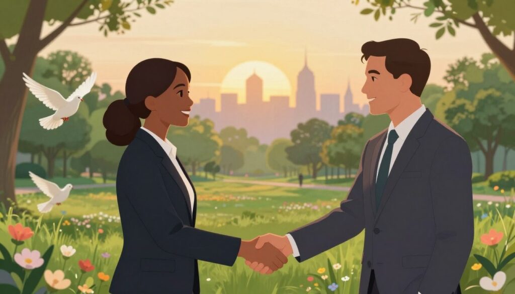A serene landscape depicting the hopeful perspective of ending war. In the foreground, two diverse figures in professional attire are shaking hands, symbolizing peace and cooperation, with expressions of relief and optimism. The middle ground features a lush green park with blooming flowers and doves flying, representing rebirth and harmony. In the background, the silhouette of a city with a setting sun casting warm, golden light, creating a tranquil atmosphere. Soft, diffused lighting enhances the peaceful scene, evoking a sense of hope and future possibilities. The overall mood is one of unity, reconciliation, and the promise of a brighter tomorrow.