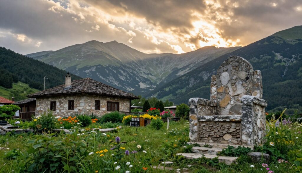 A serene landscape depicting the mystical site of Rupite, Bulgaria, associated with Baba Vanga. In the foreground, showcase a natural stone formation resembling a throne, surrounded by lush green vegetation and wildflowers, symbolizing power and tranquility. In the middle ground, a small, traditional Bulgarian home, its stone walls weathered but inviting, stands amidst vibrant gardens, reflecting the deep connection to nature. In the background, the majestic Rila Mountains rise under a dramatic sky, with soft, golden sunlight filtering through scattered clouds, casting a warm glow across the scene. A mystical atmosphere envelops the area, enhancing the sense of spirituality and legacy. The overall mood should be one of peace and reverence, inviting viewers to connect with the essence of Baba Vanga’s heritage.