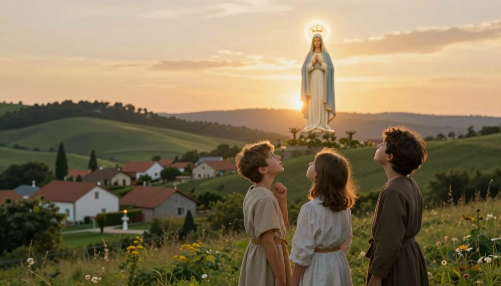 A serene landscape illustrating the Fatima apparitions, featuring three shepherd children gazing upwards in awe towards a glowing figure in the sky, symbolizing Our Lady of Fatima. In the foreground, the children, modestly dressed, display expressions of wonder and hope. The middle ground holds a peaceful Portuguese village, with simple cottages surrounded by lush greenery, representing the innocence and simplicity of the time. The background showcases rolling hills under a warm, golden sunset, casting a divine light over the scene. Soft, ethereal lighting enhances the atmosphere, creating a sense of spiritual significance and mystery. The overall mood conveys a blend of reverence and tranquility, inviting viewers to reflect on the profound meaning of the apparitions in today's world.