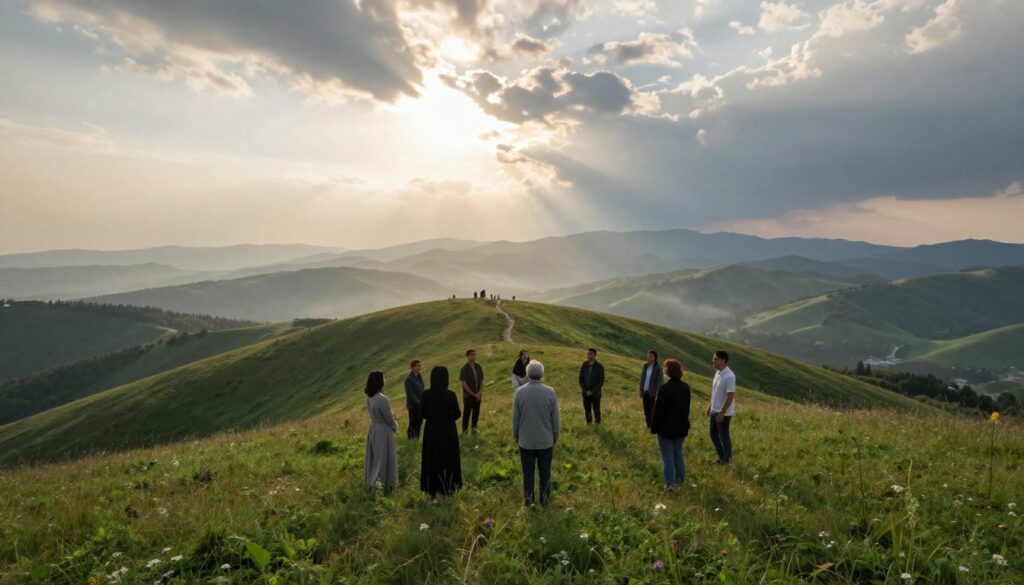 A serene landscape of Crnica Hill, capturing the essence of mystery and spirituality. In the foreground, a gentle sloping hill with lush green grass, dotted with wildflowers, creating a peaceful atmosphere. A group of modestly dressed individuals, engaged in deep contemplation, are standing in a semi-circle, gazing towards the horizon, their expressions reflecting curiosity and hope. In the middle ground, soft rays of golden sunlight break through a partly cloudy sky, illuminating the hill's contours and casting gentle shadows. In the background, rolling hills and distant mountains create a sense of depth, with a faint mist rising, adding to the enigmatic charm. The overall mood is tranquil and contemplative, evoking a sense of connection to something greater. Use a wide-angle lens to capture the expansive view, emphasizing the hill's significance in the landscape.
