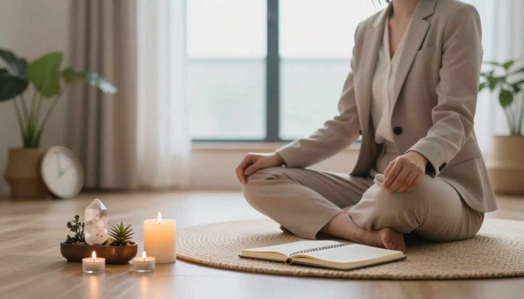 A serene meditation space showcasing a person in professional business attire, seated cross-legged on a softly woven mat. In the foreground, a lit candle flickers, casting a warm glow around a small altar with symbolic objects like crystals, herbs, and a journal. In the middle, a tranquil indoor setting with large windows allowing gentle, diffused natural light to flood the room, enhancing a sense of calm and focus. Soft, pastel colors create a soothing atmosphere, complemented by indoor plants that breathe life into the scene. In the background, a clock subtly marks an optimal time for practice. The overall mood conveys tranquility, preparation, and a deep connection to the ritual of mental readiness, embodying the essence of cutting energetic ties.