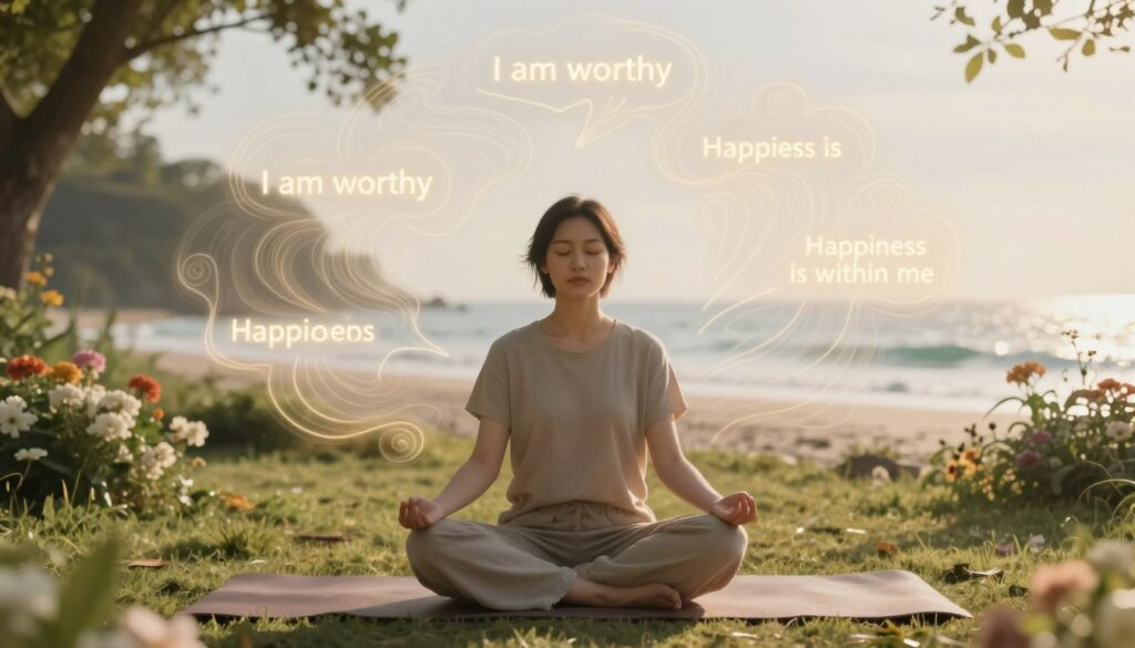 A serene, minimalist scene depicting the concept of positive affirmations influencing the subconscious mind. In the foreground, a tranquil individual sitting cross-legged on a mat, wearing modest casual clothing, eyes closed in meditation. The middle ground features soft, swirling abstract patterns representing thoughts, with glowing affirmations like "I am worthy" and "Happiness is within me" subtly integrated into the designs. The background showcases a peaceful landscape, perhaps a sunlit garden or tranquil beach, with gentle waves or blooming flowers, contributing to an atmosphere of calm and positivity. The lighting is soft and warm, emulating early morning sun rays, capturing a sense of hope and tranquility. The lens angle is slightly low, emphasizing the individual’s peaceful state and the flowing affirmations around them.