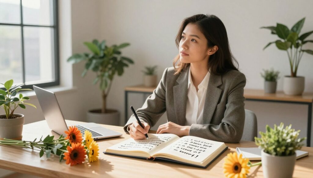 A serene, modern workspace illuminated by soft, warm natural light streaming in through large windows. In the foreground, a beautifully arranged desk with a journal open, featuring handwritten affirmations surrounded by vibrant flowers, symbolizing love and positivity. In the middle ground, a thoughtful individual, dressed in professional attire, is writing and envisioning their ideal partner, radiating a sense of hope and determination. The background showcases a calming, minimalist space with potted plants, creating an atmosphere of tranquility and focus. The overall mood is uplifting and encouraging, inviting viewers to embrace closeness and the journey of building healthy relationships. Capture the essence of attraction and affirmation in a harmonious and visually appealing composition.