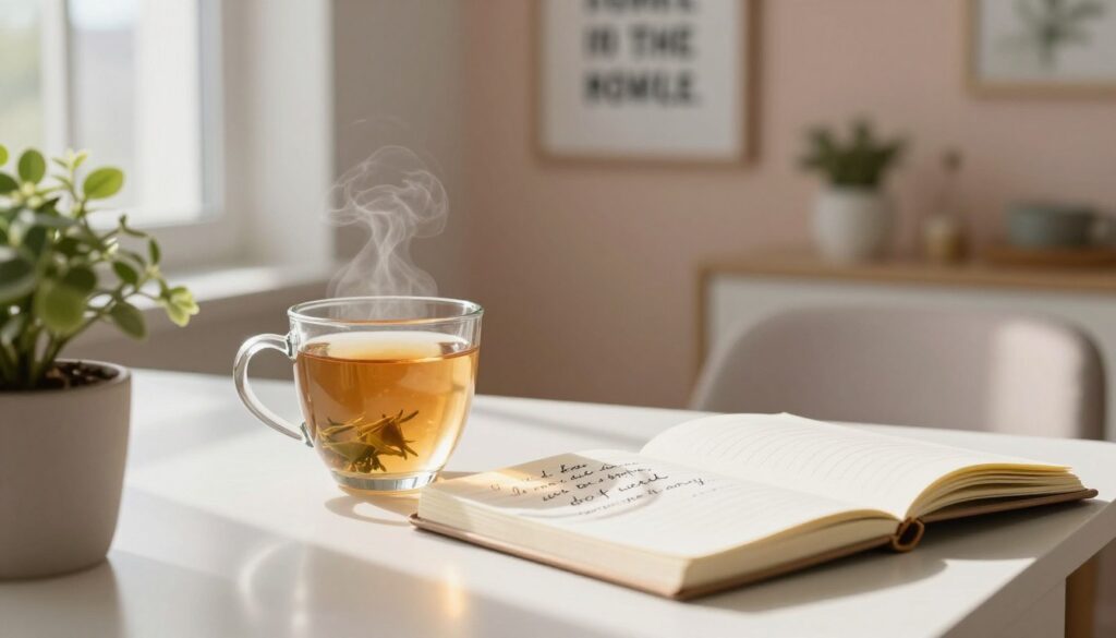 A serene morning scene depicting a cozy, well-lit workspace, where a glass of herbal tea sits next to an elegant notebook filled with handwritten affirmations. In the foreground, a soft-focus view of a neatly arranged desk with a potted plant, sunlight filtering in through a nearby window, casting gentle shadows. The middle ground features a warm, inviting atmosphere, with sunlight illuminating a motivational quote artfully displayed on the wall. A comfortable chair, hinting at a space for reflection, is positioned near the desk. The background includes a calming view of soft, pastel-colored walls and decorative items that promote positivity. The overall mood is uplifting and tranquil, designed to inspire a sense of mindfulness and the power of daily affirmations. A serene morning scene depicting a cozy, well-lit workspace, where a glass of herbal tea sits next to an elegant notebook filled with handwritten affirmations. In the foreground, a soft-focus view of a neatly arranged desk with a potted plant, sunlight filtering in through a nearby window, casting gentle shadows. The middle ground features a warm, inviting atmosphere, with sunlight illuminating a motivational quote artfully displayed on the wall. A comfortable chair, hinting at a space for reflection, is positioned near the desk. The background includes a calming view of soft, pastel-colored walls and decorative items that promote positivity. The overall mood is uplifting and tranquil, designed to inspire a sense of mindfulness and the power of daily affirmations.