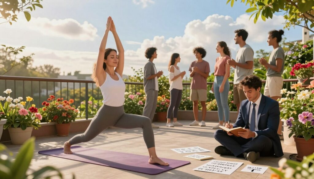 A serene morning scene featuring a diverse group of people engaged in positive activities that symbolize motivation and energy. In the foreground, a woman in smart casual attire is practicing yoga on a sunlit balcony, radiating tranquility. Beside her, a man in business attire is journaling, surrounded by inspirational quotes scattered around. The middle ground showcases a vibrant, sun-kissed garden filled with blooming flowers and lush greenery, symbolizing growth and positivity. In the background, a clear blue sky with soft, fluffy clouds enhances the uplifting atmosphere. The lighting is warm and golden, suggesting early morning sun, creating a sense of hope and renewal. The mood is optimistic and energizing, inviting viewers to embrace a positive start to their day.