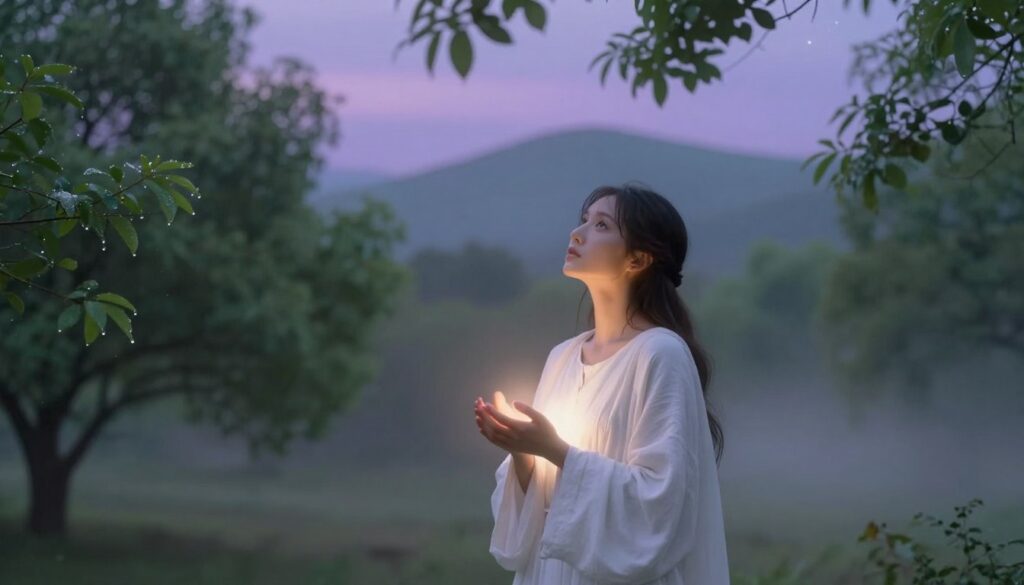 A serene, mystical scene depicting Gisella Cardia in a tranquil setting, surrounded by an ethereal mist. In the foreground, Gisella, dressed in a modest, flowing white robe, softly gazes upwards, her face illuminated by a gentle light, radiating a sense of peace and spiritual insight. Her hands are gently clasped in front of her, emanating a subtle glow to suggest stigmata without graphic detail. In the middle ground, lush, verdant trees shroud the scene, their leaves glistening with dew, creating a sense of refuge and contemplation. The background features rolling hills under a twilight sky painted in soft purples and blues, with hints of stars beginning to twinkle, evoking a calm, dreamy atmosphere. The image should be soft-focused with a warm, diffused lighting effect to enhance the mystical quality.